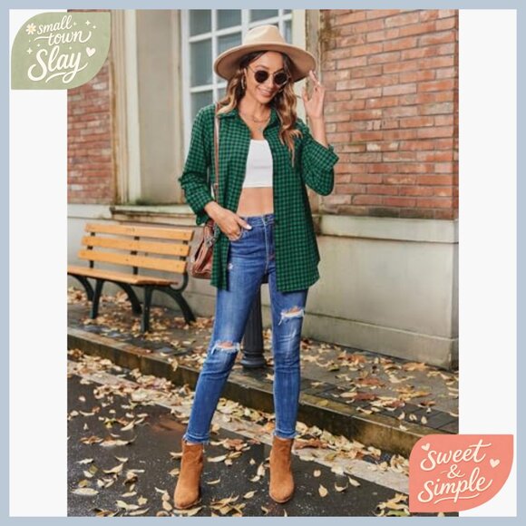 Long Sleeve Plaid Button Down Shirt Regular Fit Polyester Blouse - Picture 4 of 7